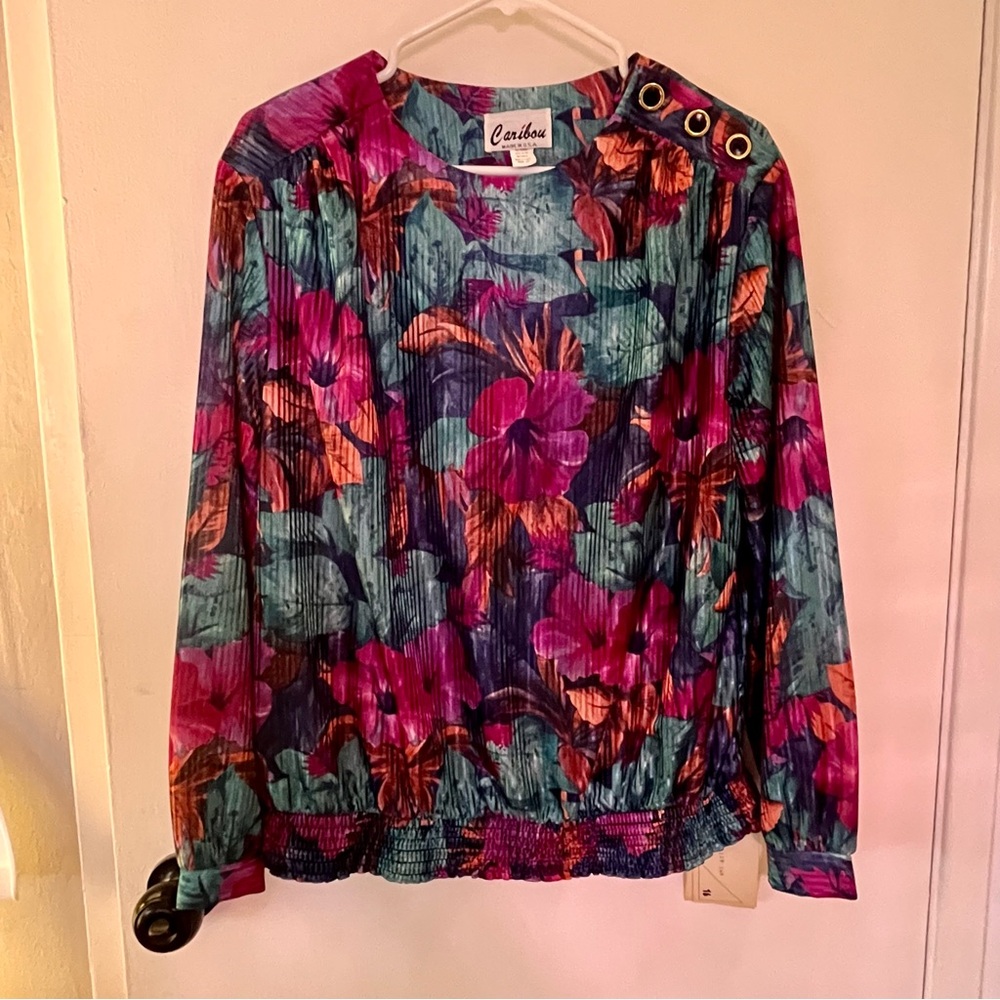 Vintage 80s 90s Caribou Colorful Tropical Floral Blouse Top Size 16 Maximalist